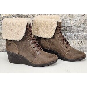 UGG Womens Wedge Ankle Boots Leather Shearling Fold Over Lace Up Brown Zea Sz 7